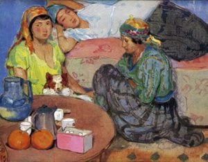 1. Femmes mauresques dans leur intérieur, aquarelle de Jean Bouchaud, "L'Illustration", L'Algérie 1830-1930, 24 mai 1930.