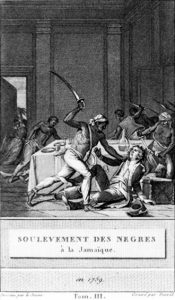 4. <i>Soulèvement des Nègres à la Jamaïque en 1759</i>. Engraving by François-Anne David (1741-1824) after a drawing by Nicolas Lejeune (1750-18??), plate 5 following p.36, in <i>L'Histoire d'Angleterre représentée par figures</i> (Paris: Guyot et Milcent, 1784-1800), vol. 3 (1800).