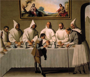 Francisco de Zurbarán, San Hugo en el refectorio de los Cartujos (St. Hugh in the Refectory of the Carthusians), 1655, oil on canvas, 262 cm × 307 cm, Seville, Museo de Bellas Artes