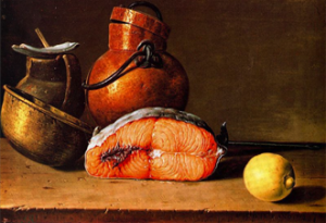Luis Meléndez, Un trozo de salmon, un limon y tres vasijas (Nature morte au saumon, citron et trois vases), 1772, huile sur toile, 41 × 62,2 cm, Madrid, Museo del Prado