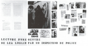 Figure 4 : Lea Lublin, <em>Lecture d’une œuvre de Lea Lublin par un Inspecteur de Police</em>, 1970, collage sur toile, collection privée (Paris). © Nicolas Lublin.