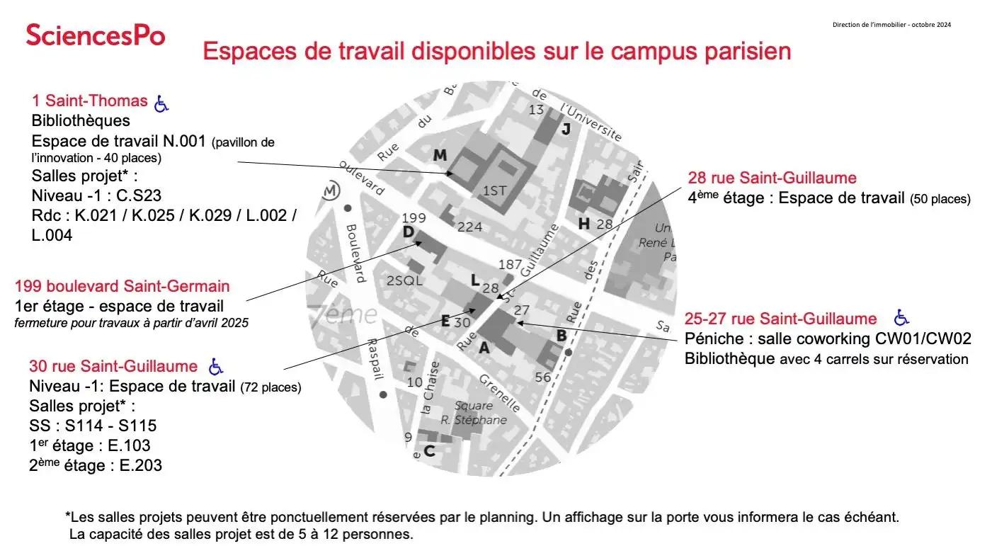 Plan des espaces de travail disponibles sur le campus de Paris