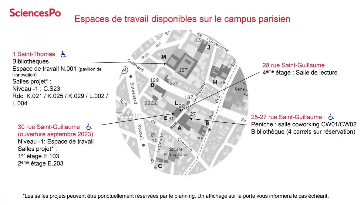 Localisation des espaces de travail collectifs sur le plan du campus de Paris