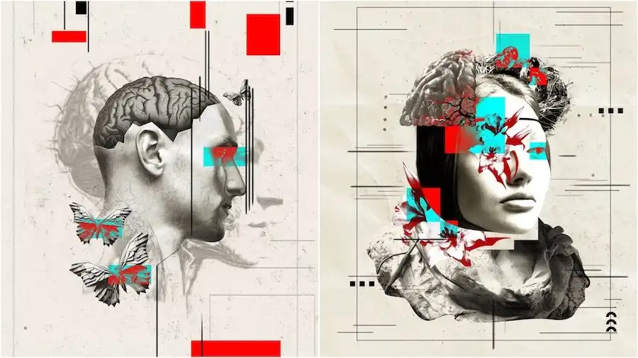 Profiles of man and woman with brain visible, geometric shapes, and butterflies or plants, on textured background