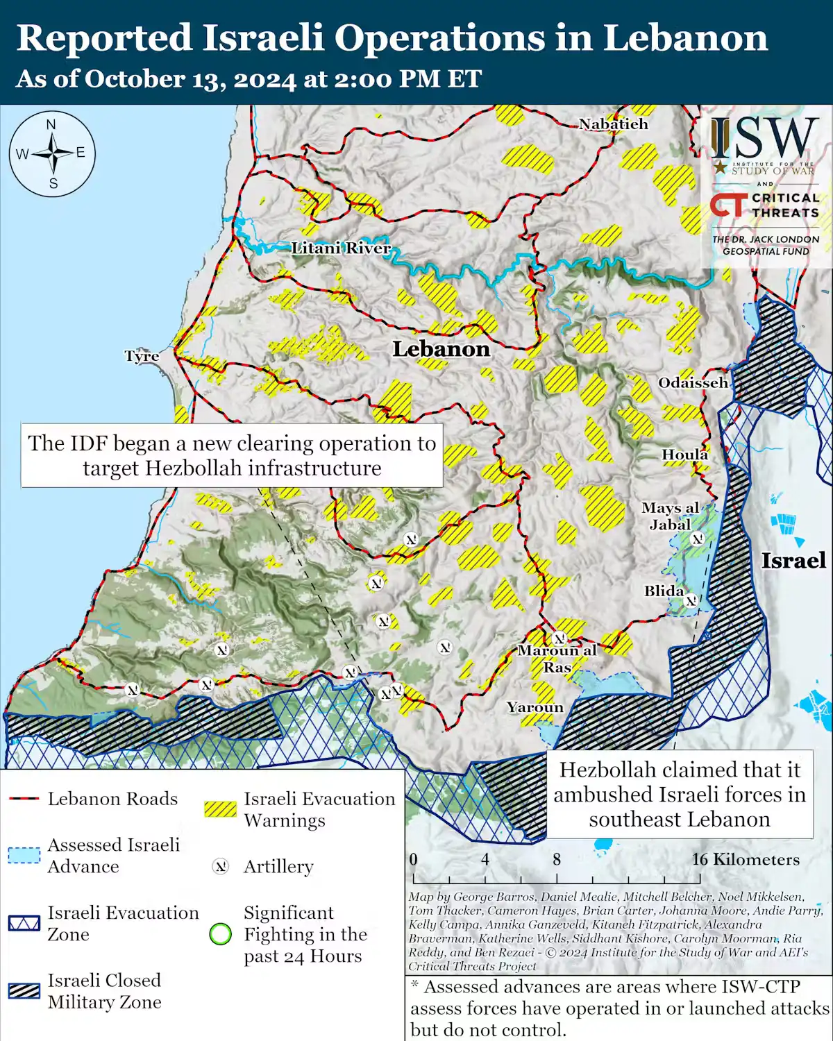 Map of the reported Israeli Operations in Lebanon as of 12 October 2024.