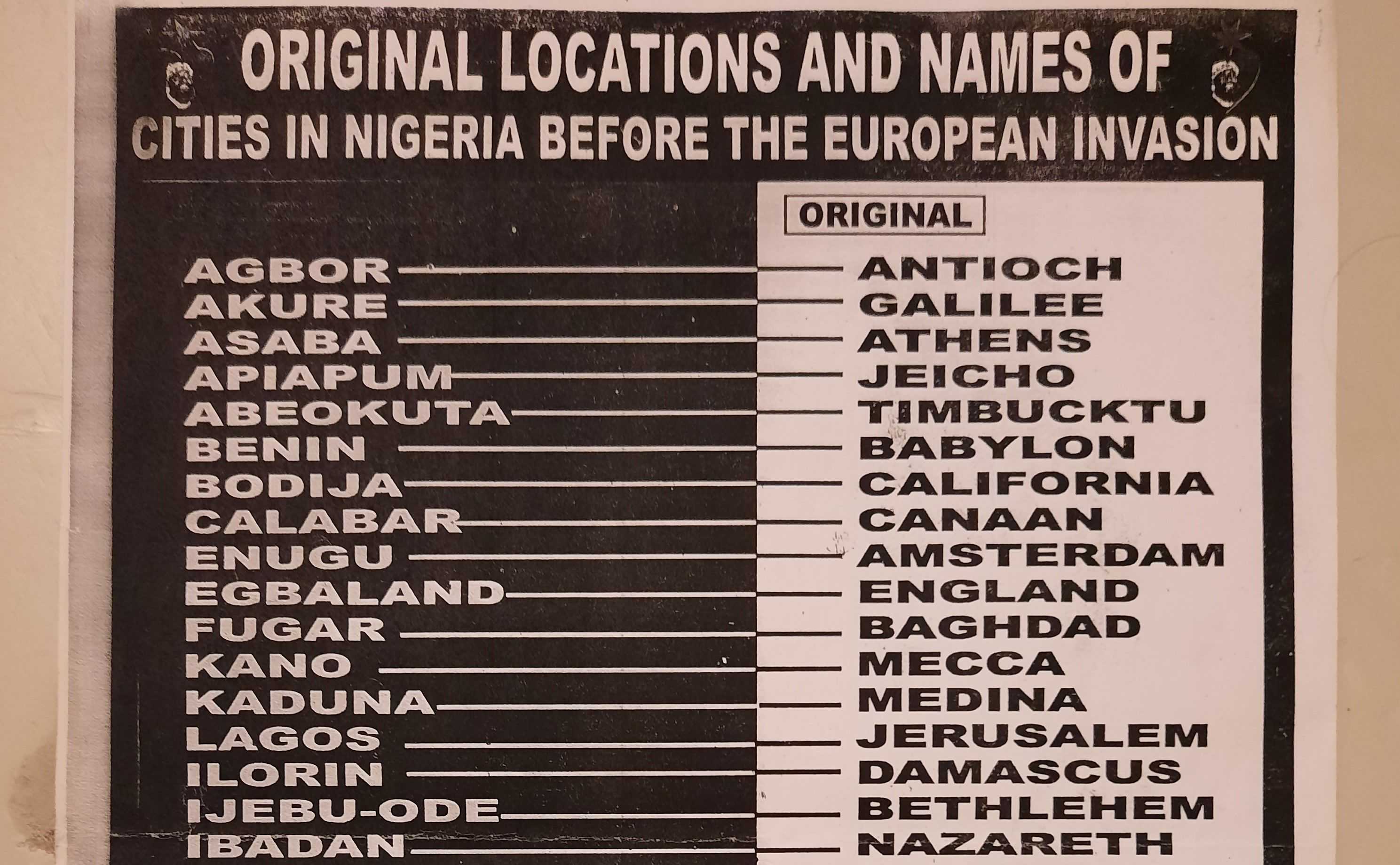 Emplacements et noms originaux des villes du Nigeria avant l'invasion européenne