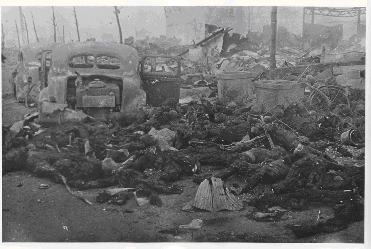 Bodies of people trapped and burned as they fled through a street during the attack on the night of March 9-10. Photograph by Ishikawa Koyo