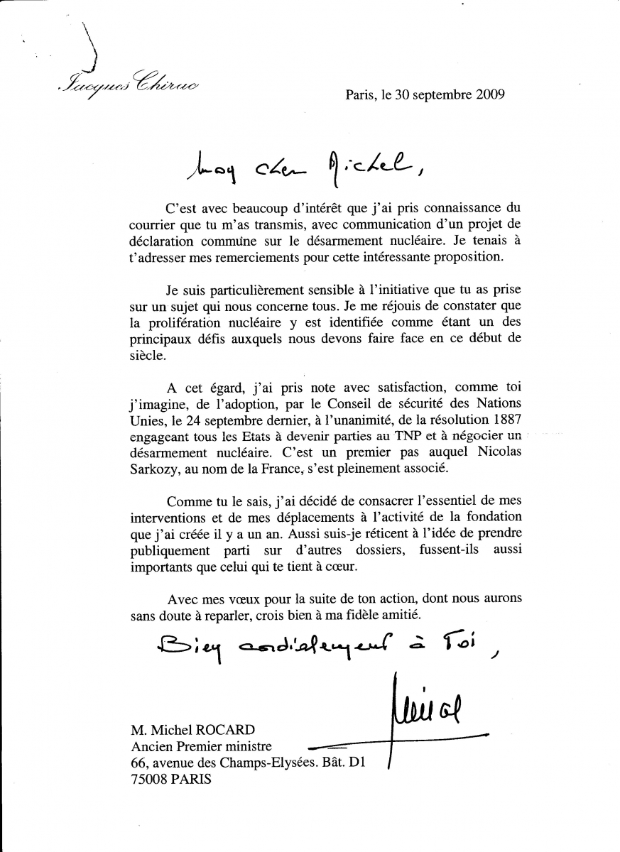 Scan de lettre de Jacques Chirac à Michel Rocard 30/09/2009