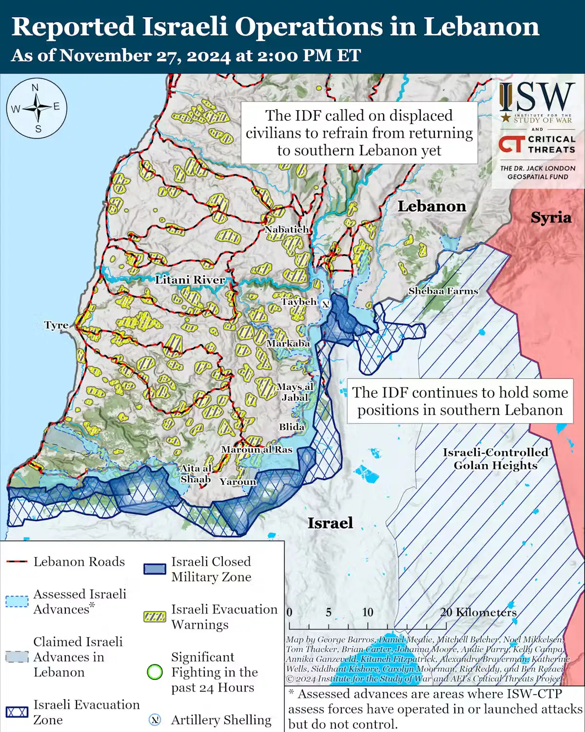 A map of the reported Israeli operations in Lebanon as of November 27, 2024.