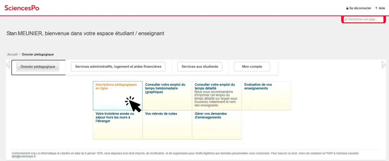 Student account, Academic Services section