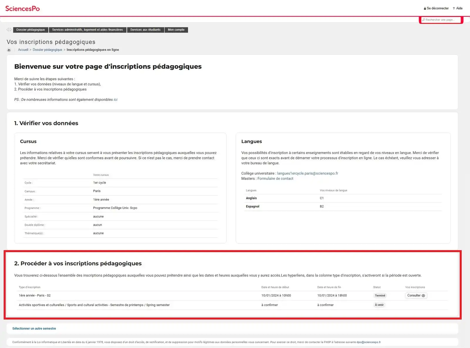 Student account, course registrations page: registering for courses