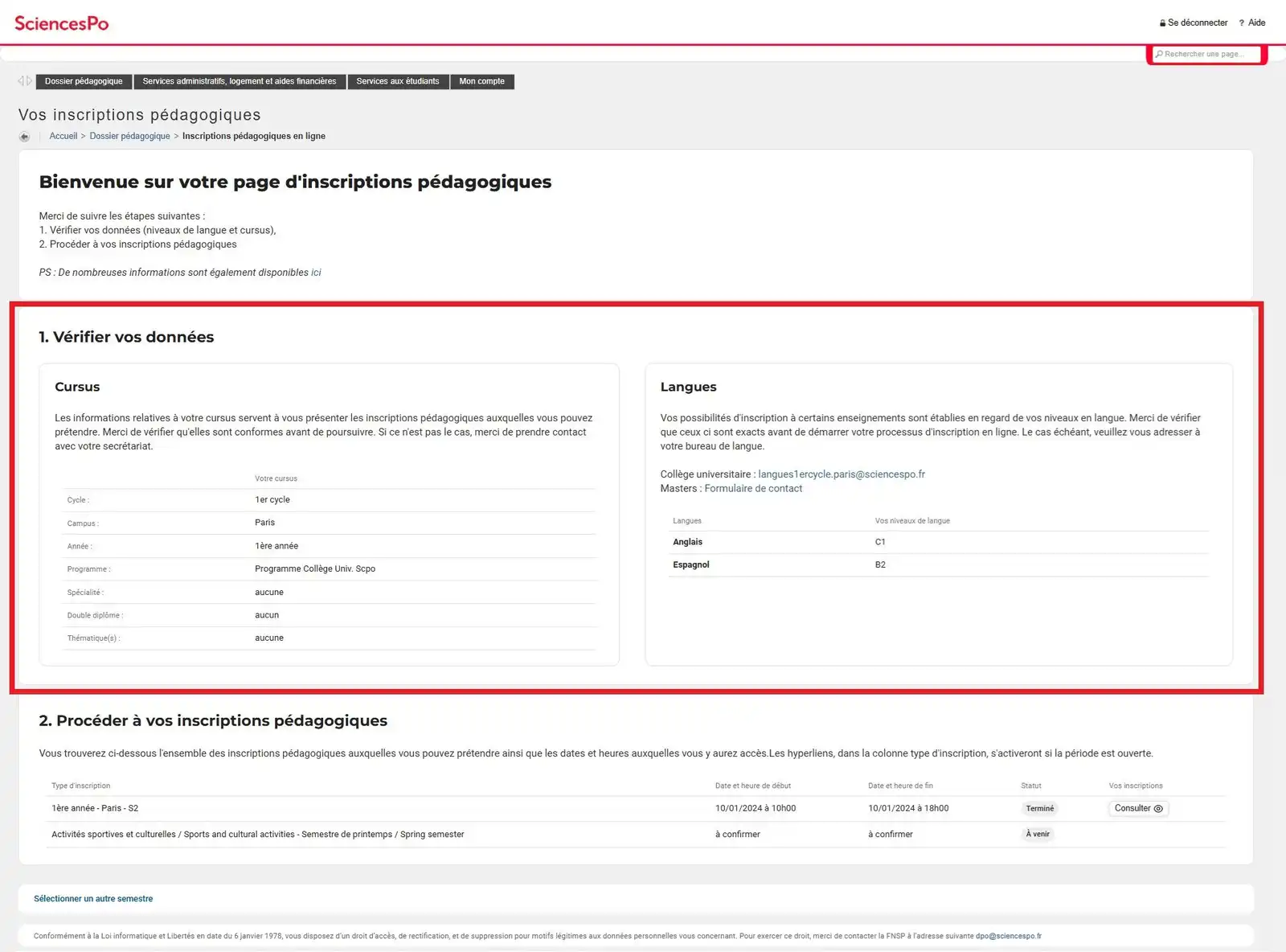 Espace étudiant, page inscriptions pédagogiques : vérifier vos données